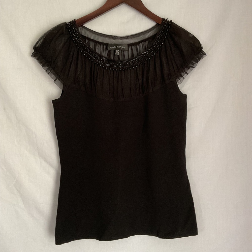 Cable & Gauge Beaded Tulle Top Sleeveless Blouse Black Elegant Size M